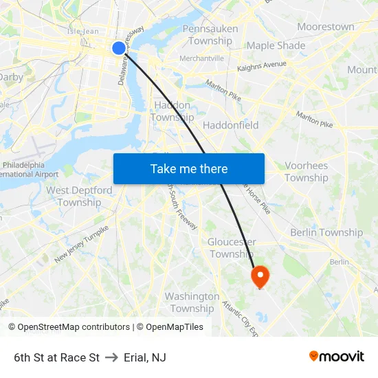 6th St at Race St to Erial, NJ map