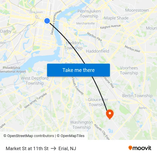 Market St at 11th St to Erial, NJ map