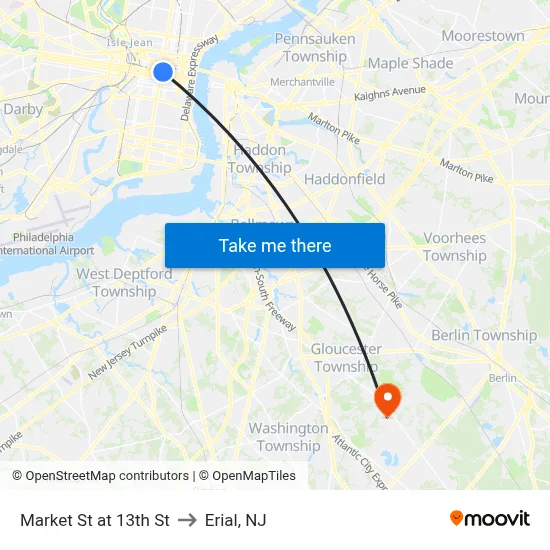 Market St at 13th St to Erial, NJ map