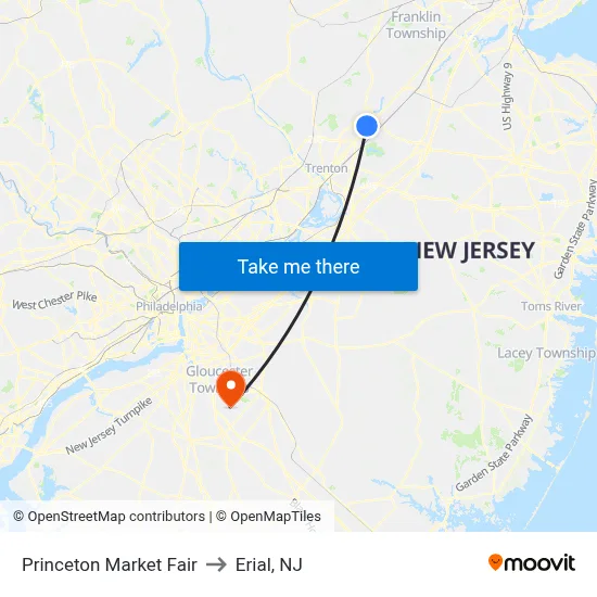 Princeton Market Fair to Erial, NJ map