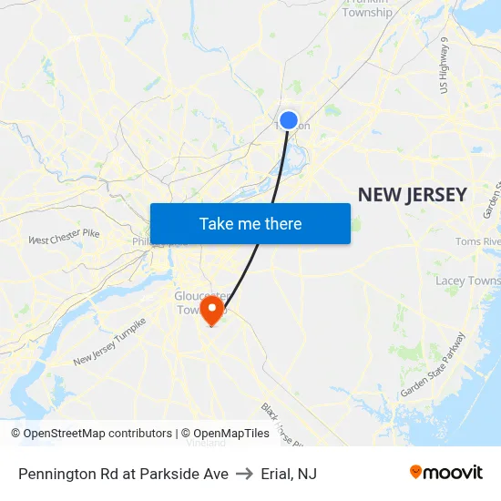 Pennington Rd at Parkside Ave to Erial, NJ map