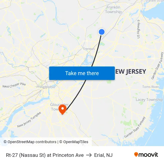 Rt-27 (Nassau St) at Princeton Ave to Erial, NJ map