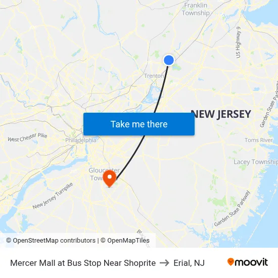 Mercer Mall at Bus Stop Near Shoprite to Erial, NJ map