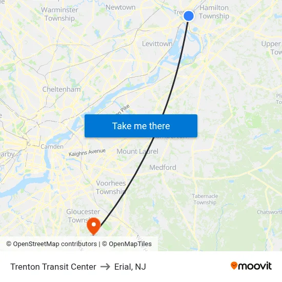 Trenton Transit Center to Erial, NJ map