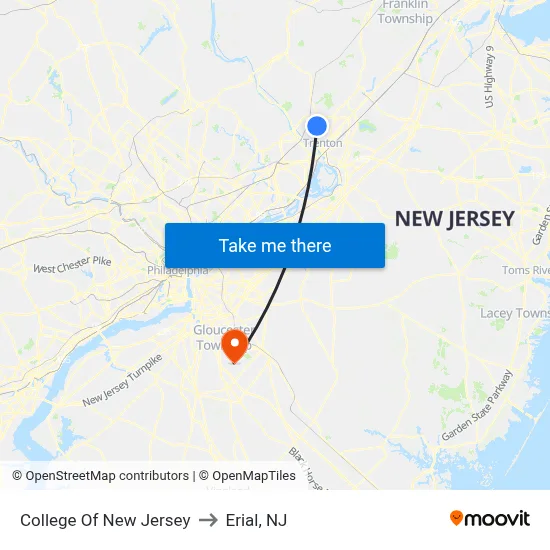 College Of New Jersey to Erial, NJ map