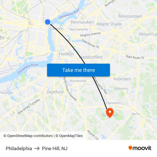 Philadelphia to Pine Hill, NJ map