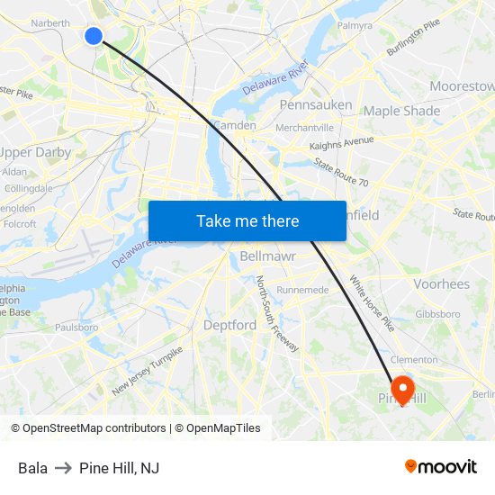 Bala to Pine Hill, NJ map