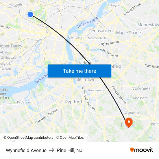 Wynnefield Avenue to Pine Hill, NJ map