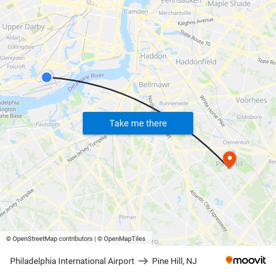 Philadelphia International Airport to Pine Hill, NJ map