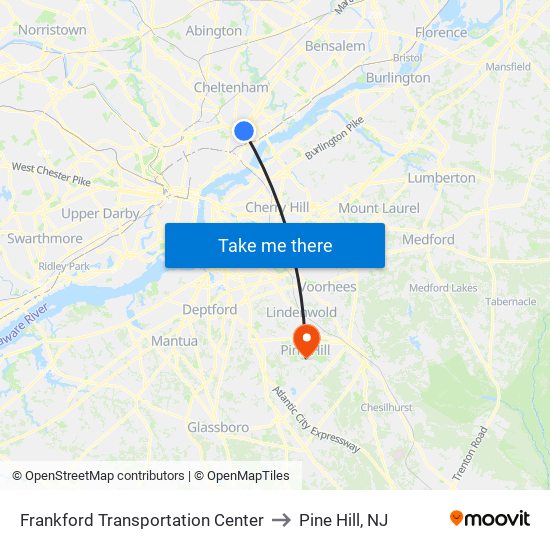 Frankford Transportation Center to Pine Hill, NJ map