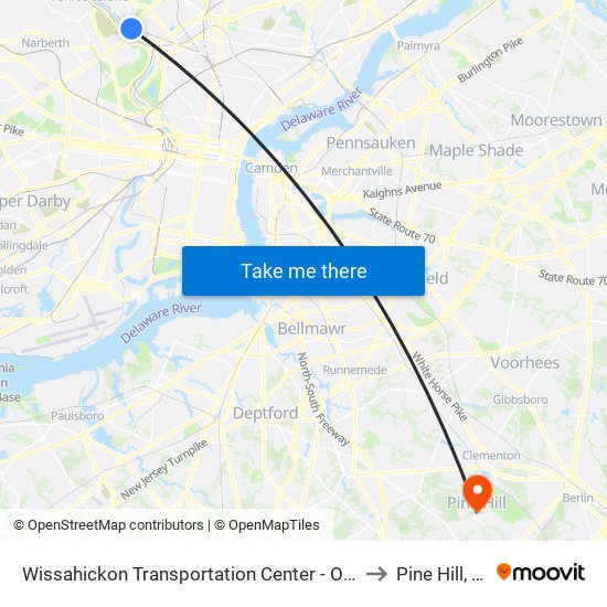 Wissahickon Transit Center to Pine Hill, NJ map