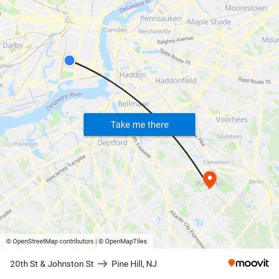 20th St & Johnston St to Pine Hill, NJ map