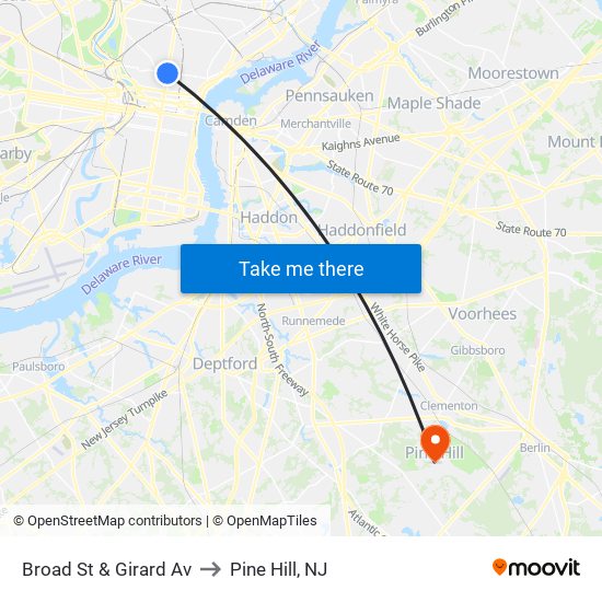 Broad St & Girard Av to Pine Hill, NJ map