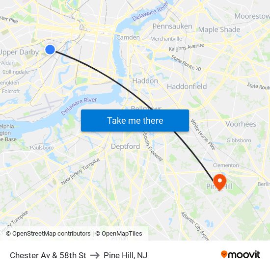 Chester Av & 58th St to Pine Hill, NJ map