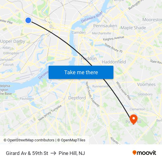 Girard Av & 59th St to Pine Hill, NJ map