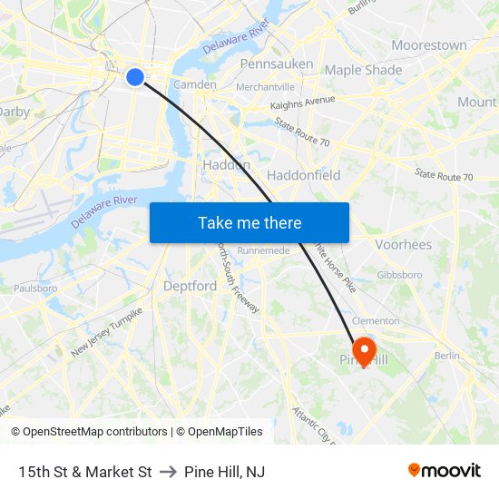 15th St & Market St to Pine Hill, NJ map