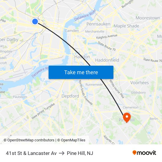 41st St & Lancaster Av to Pine Hill, NJ map