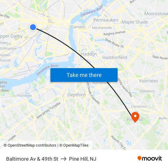 Baltimore Av & 49th St to Pine Hill, NJ map