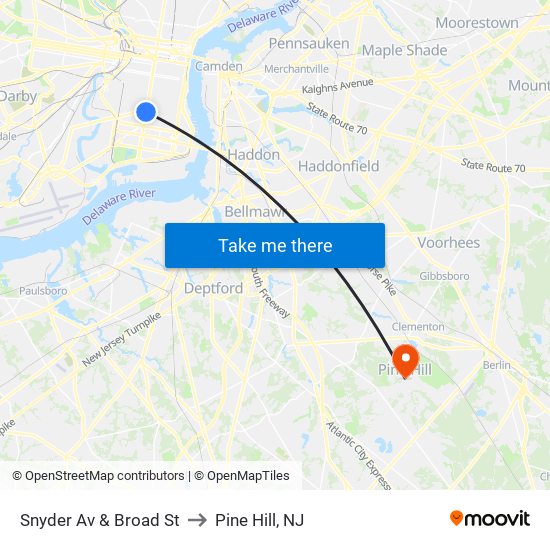 Snyder Av & Broad St to Pine Hill, NJ map