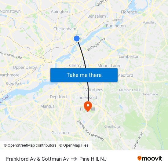 Frankford Av & Cottman Av to Pine Hill, NJ map