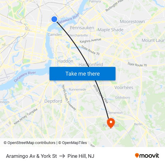 Aramingo Av & York St to Pine Hill, NJ map