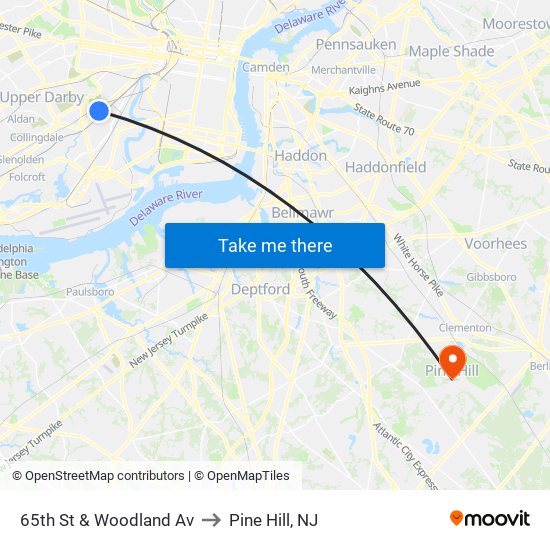 65th St & Woodland Av to Pine Hill, NJ map