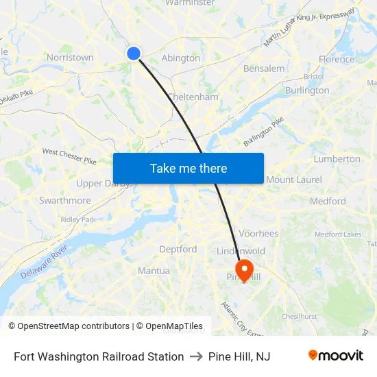 Fort Washington Railroad Station to Pine Hill, NJ map