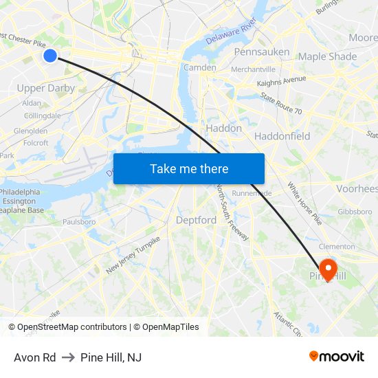 Avon Rd to Pine Hill, NJ map