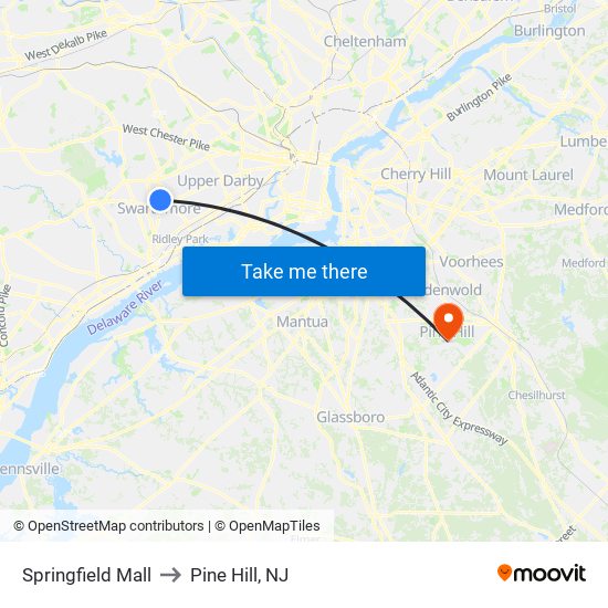 Springfield Mall to Pine Hill, NJ map