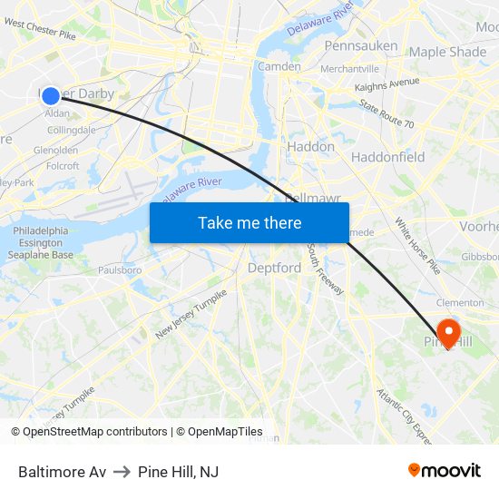 Baltimore Av to Pine Hill, NJ map