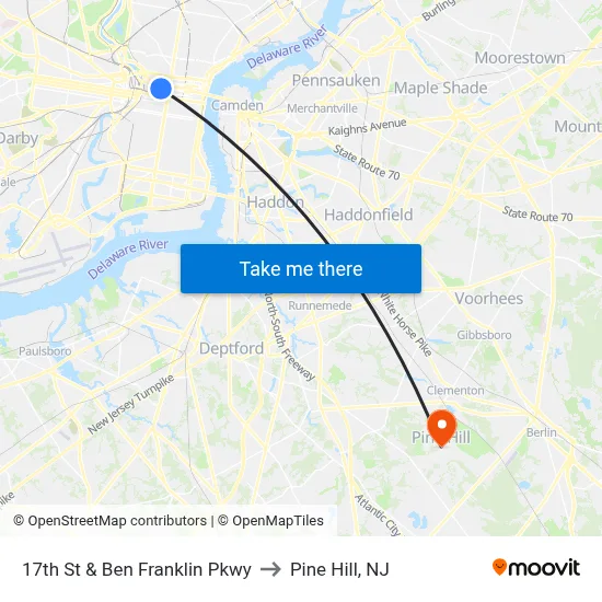 17th St & Ben Franklin Pkwy to Pine Hill, NJ map