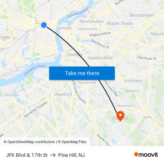 JFK Blvd & 17th St to Pine Hill, NJ map