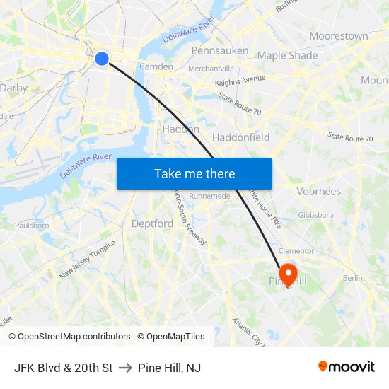 JFK Blvd & 20th St to Pine Hill, NJ map