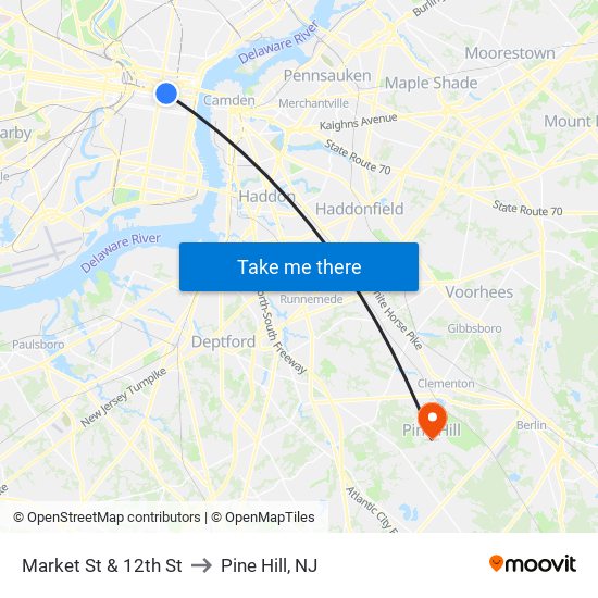 Market St & 12th St to Pine Hill, NJ map