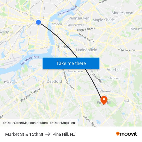 Market St & 15th St to Pine Hill, NJ map