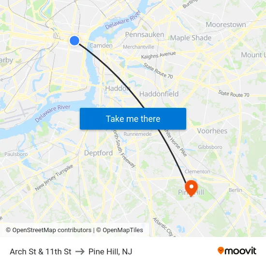 Arch St & 11th St to Pine Hill, NJ map