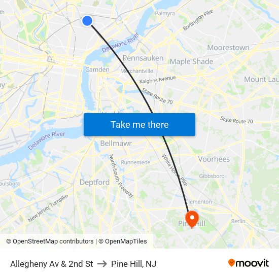 Allegheny Av & 2nd St to Pine Hill, NJ map