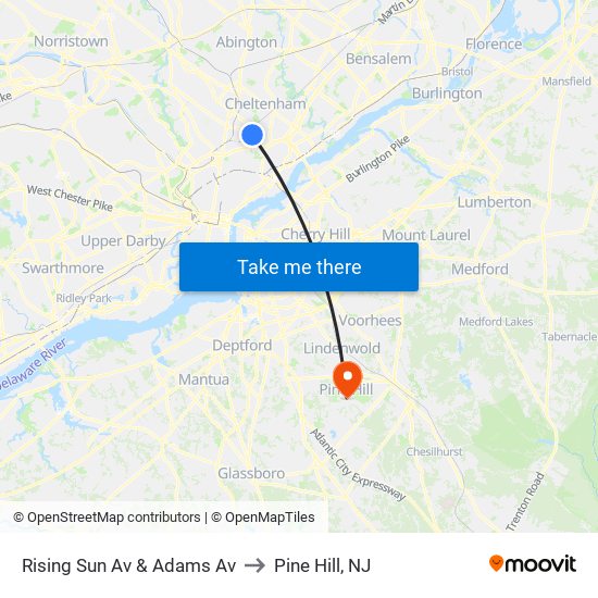 Rising Sun Av & Adams Av to Pine Hill, NJ map