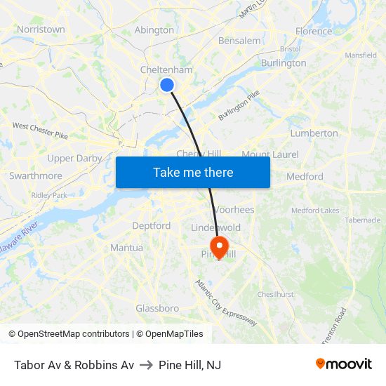 Tabor Av & Robbins Av to Pine Hill, NJ map