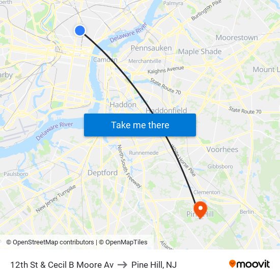 12th St & Cecil B Moore Av to Pine Hill, NJ map