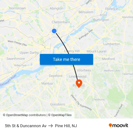 5th St & Duncannon Av to Pine Hill, NJ map