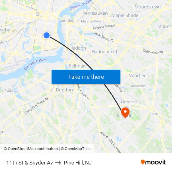 11th St & Snyder Av to Pine Hill, NJ map
