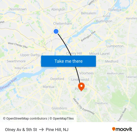 Olney Av & 5th St to Pine Hill, NJ map