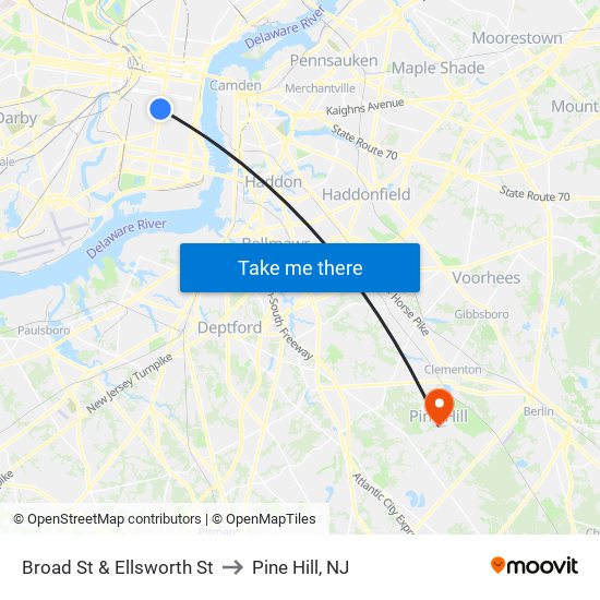 Broad St & Ellsworth St to Pine Hill, NJ map