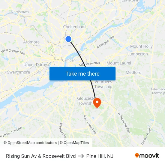 Rising Sun Av & Roosevelt Blvd to Pine Hill, NJ map