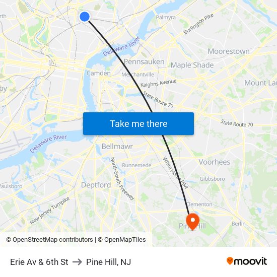 Erie Av & 6th St to Pine Hill, NJ map