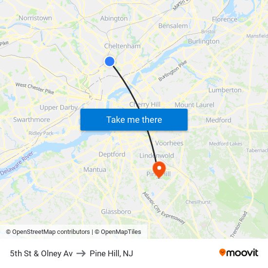 5th St & Olney Av to Pine Hill, NJ map