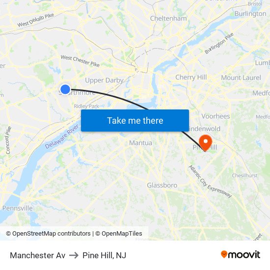 Manchester Av to Pine Hill, NJ map