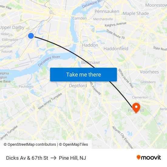 Dicks Av & 67th St to Pine Hill, NJ map