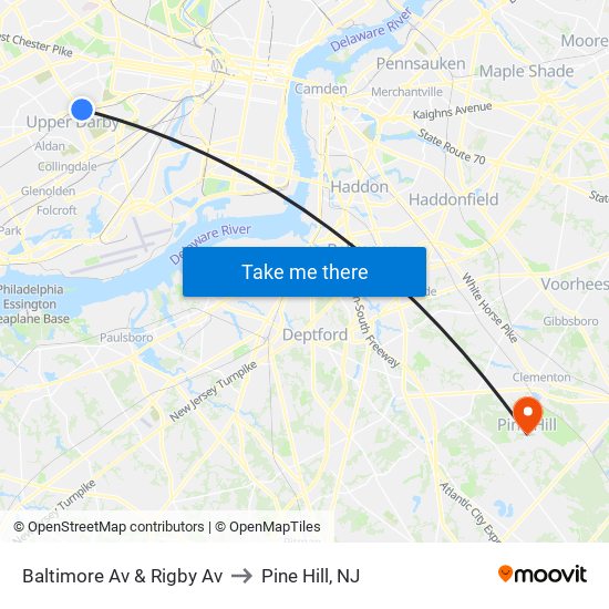 Baltimore Av & Rigby Av to Pine Hill, NJ map